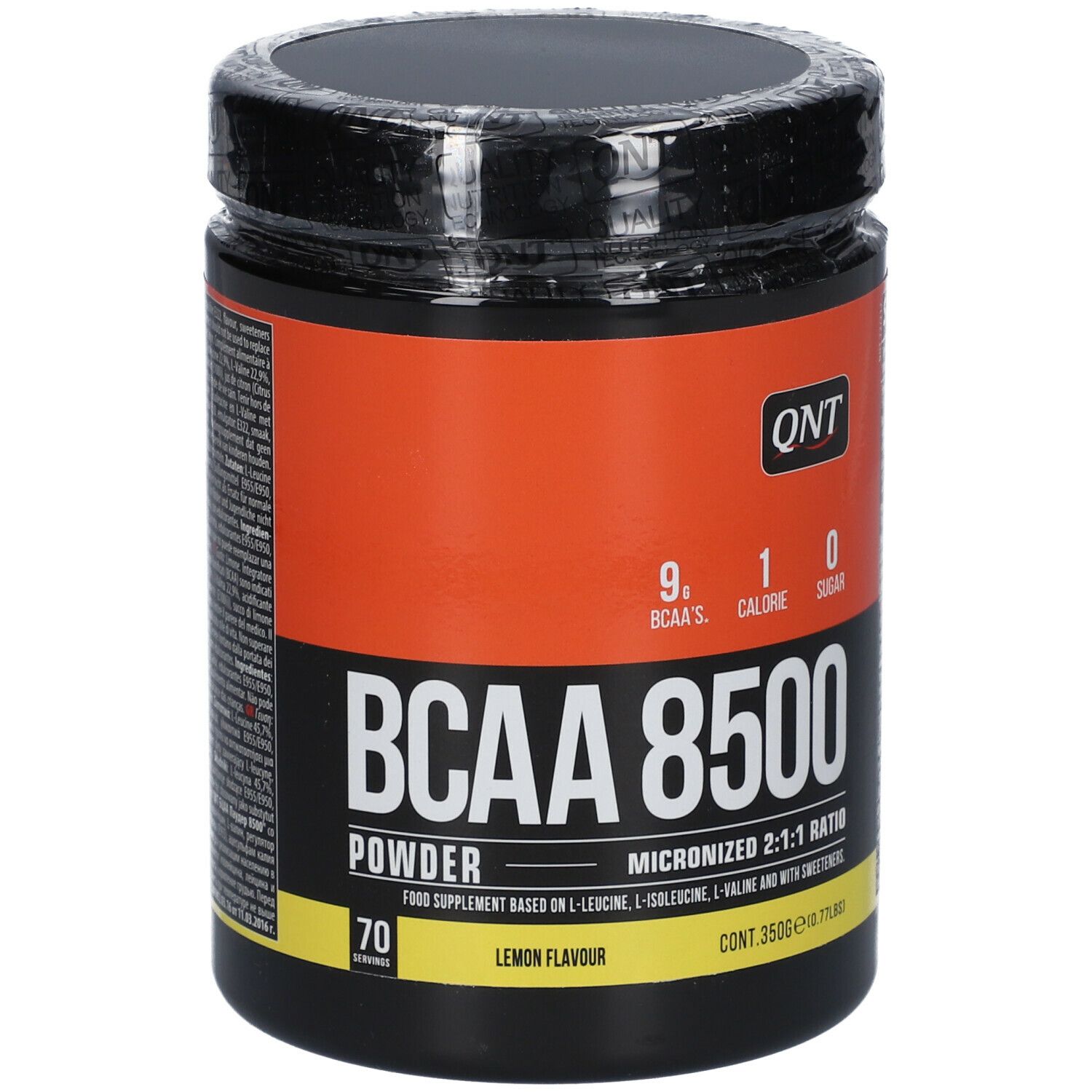 Boîte noire de QNT BCAA 8500 Pulver Zitrone. Fond orange. Contient 70 portions. Inscription : 9g BCAA, 1 calorie, 0 sucre.