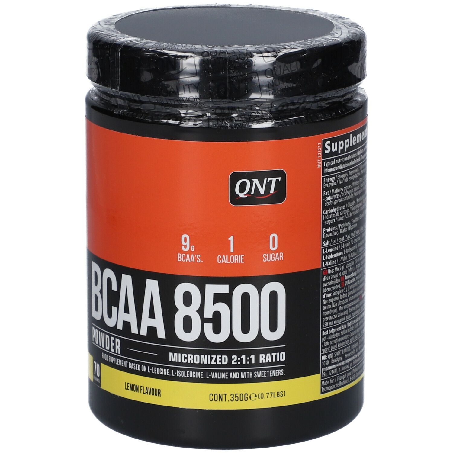 Boîte noire de QNT BCAA 8500 Pulver Zitrone. Fond orange. Contient 70 portions. Inscription : 9g BCAA, 1 calorie, 0 sucre.