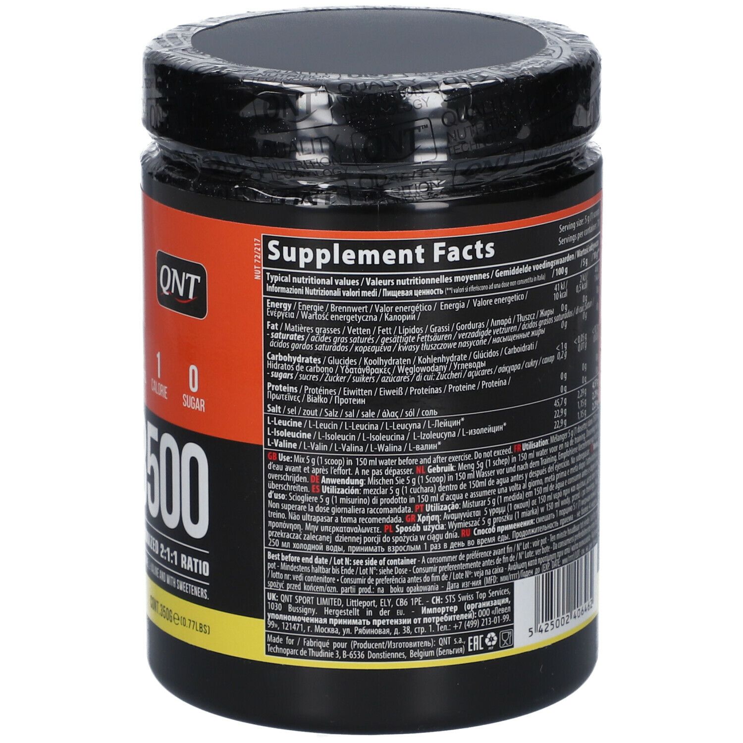 Dos de la boîte noire QNT BCAA 8500 Pulver Zitrone. Informations nutritionnelles et liste des ingrédients. Texte multilingue.