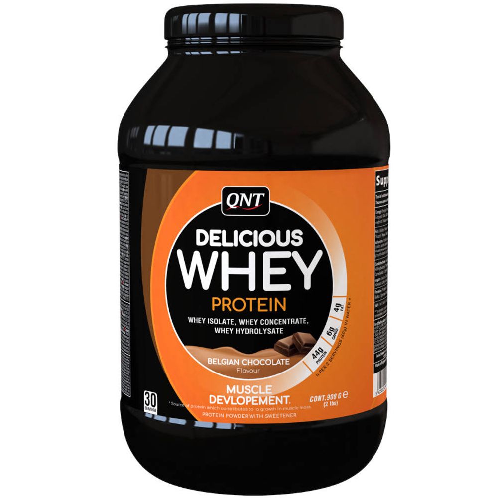 Pot noir avec étiquette orange. Inscription : QNT Delicious Whey Protein, chocolat belge. 30 portions.