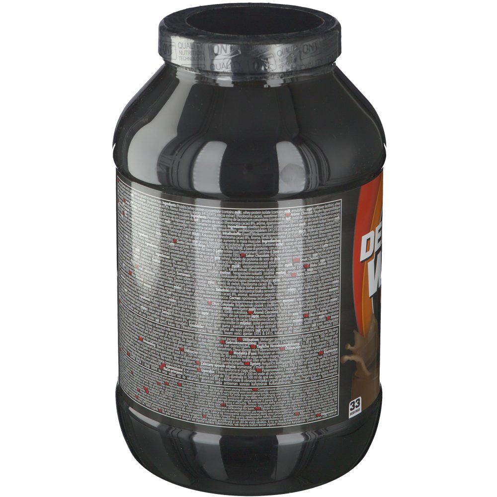 Pot noir, dos avec texte. Étiquette orange avec inscription Delicious Whey Protein. 33 portions.