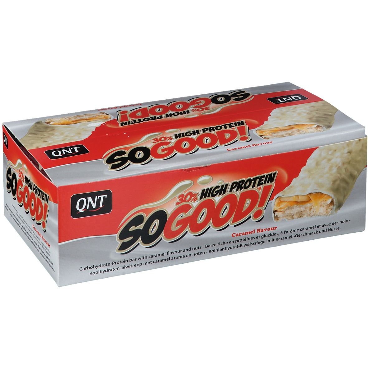 Boîte de barres protéinées. QNT So Good, 30% High Protein, Caramel Flavour. Image de barre.
