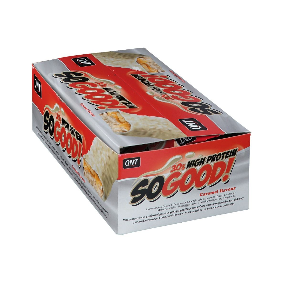 Boîte de barres protéinées ouverte. QNT So Good, 30% High Protein, Caramel Flavour. Image de barre.