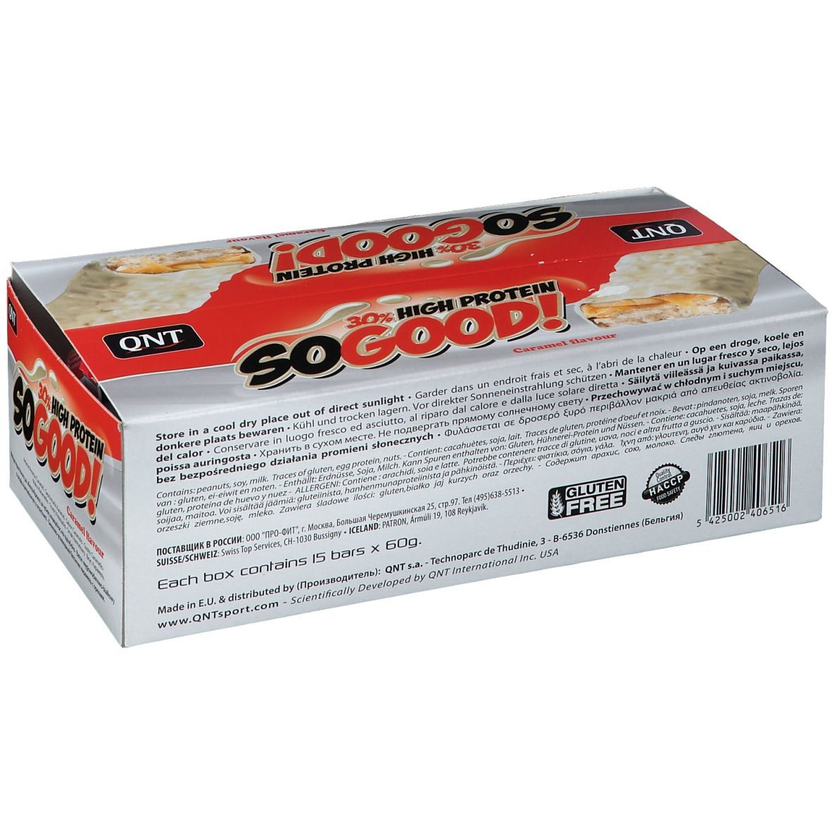 Dos de la boîte de barres protéinées. QNT So Good, 30% High Protein, Caramel Flavour. Texte.
