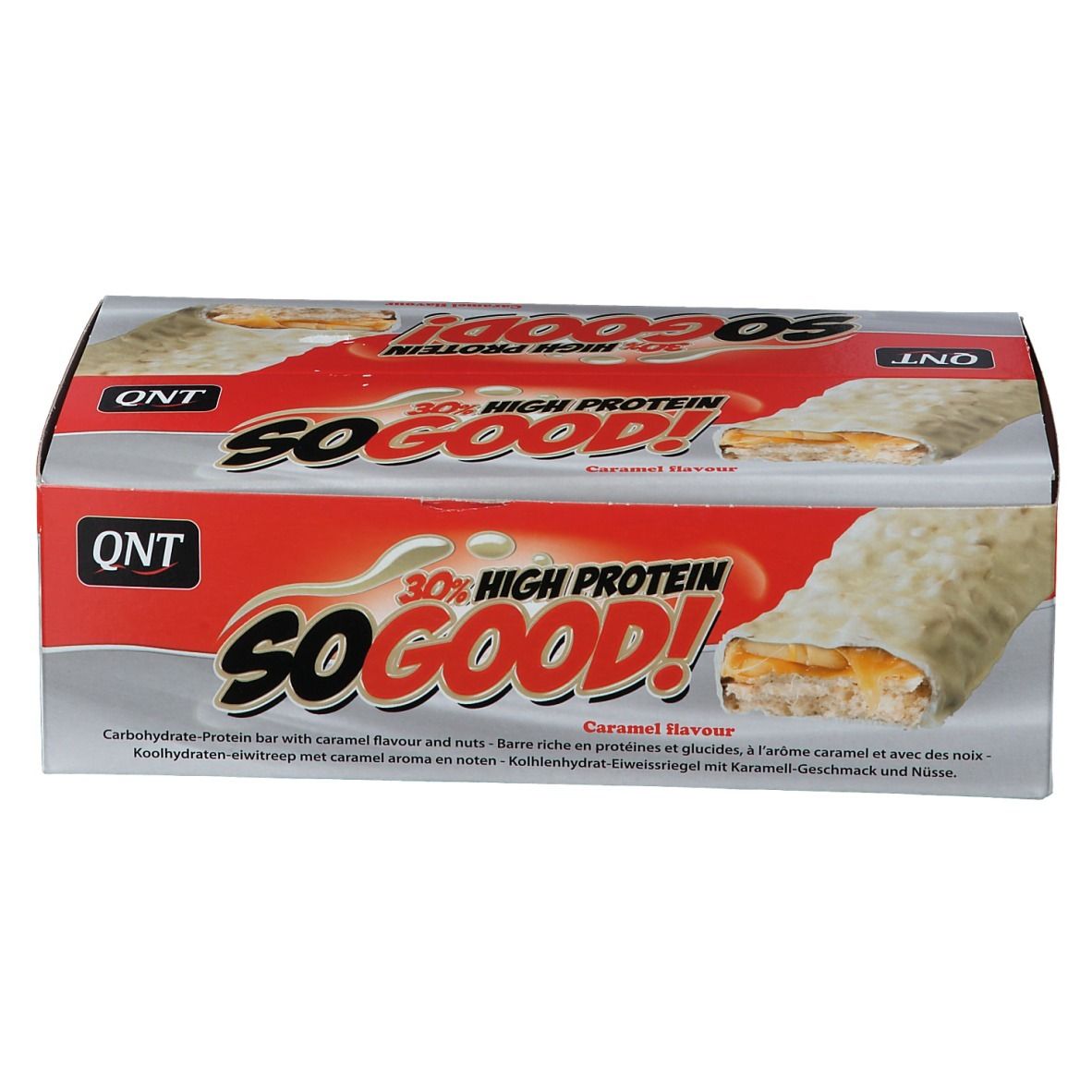 Boîte de barres protéinées. QNT So Good, 30% High Protein, Caramel Flavour. Image de barre.