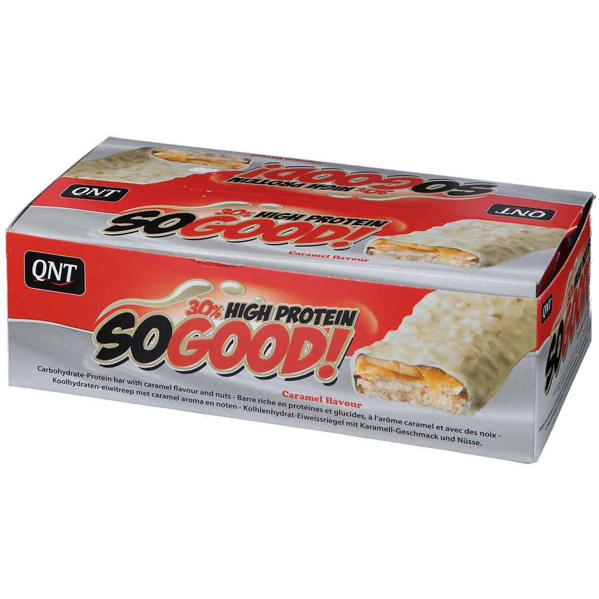Boîte de barres protéinées. QNT So Good, 30% High Protein, Caramel Flavour. Image de barre.
