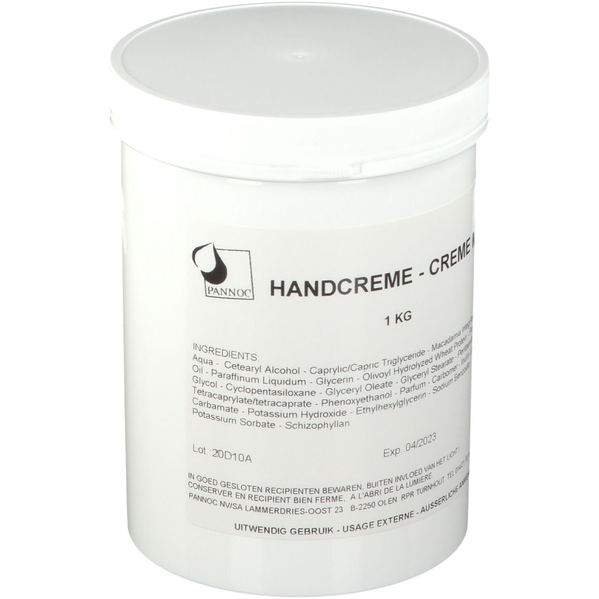 Weißer Behälter mit Deckel. Aufschrift: HANDCREME - CREME MAINS, 1 KG. Zutatenliste und Logo.