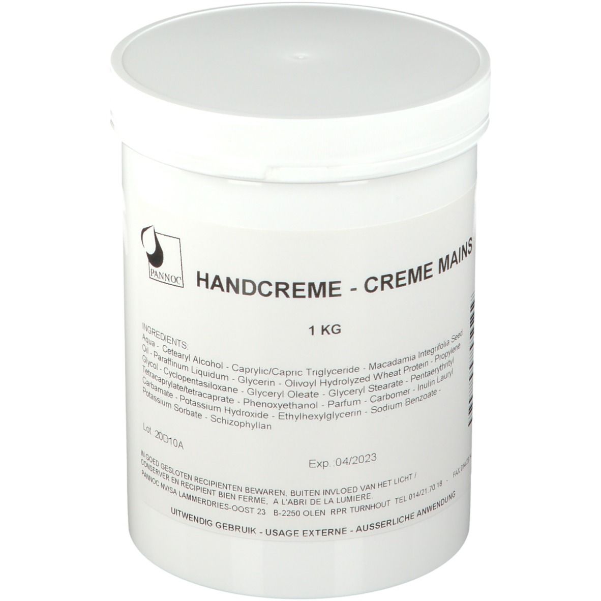 Weißer Behälter mit Deckel. Aufschrift: HANDCREME - CREME MAINS, 1 KG. Zutatenliste und Logo.