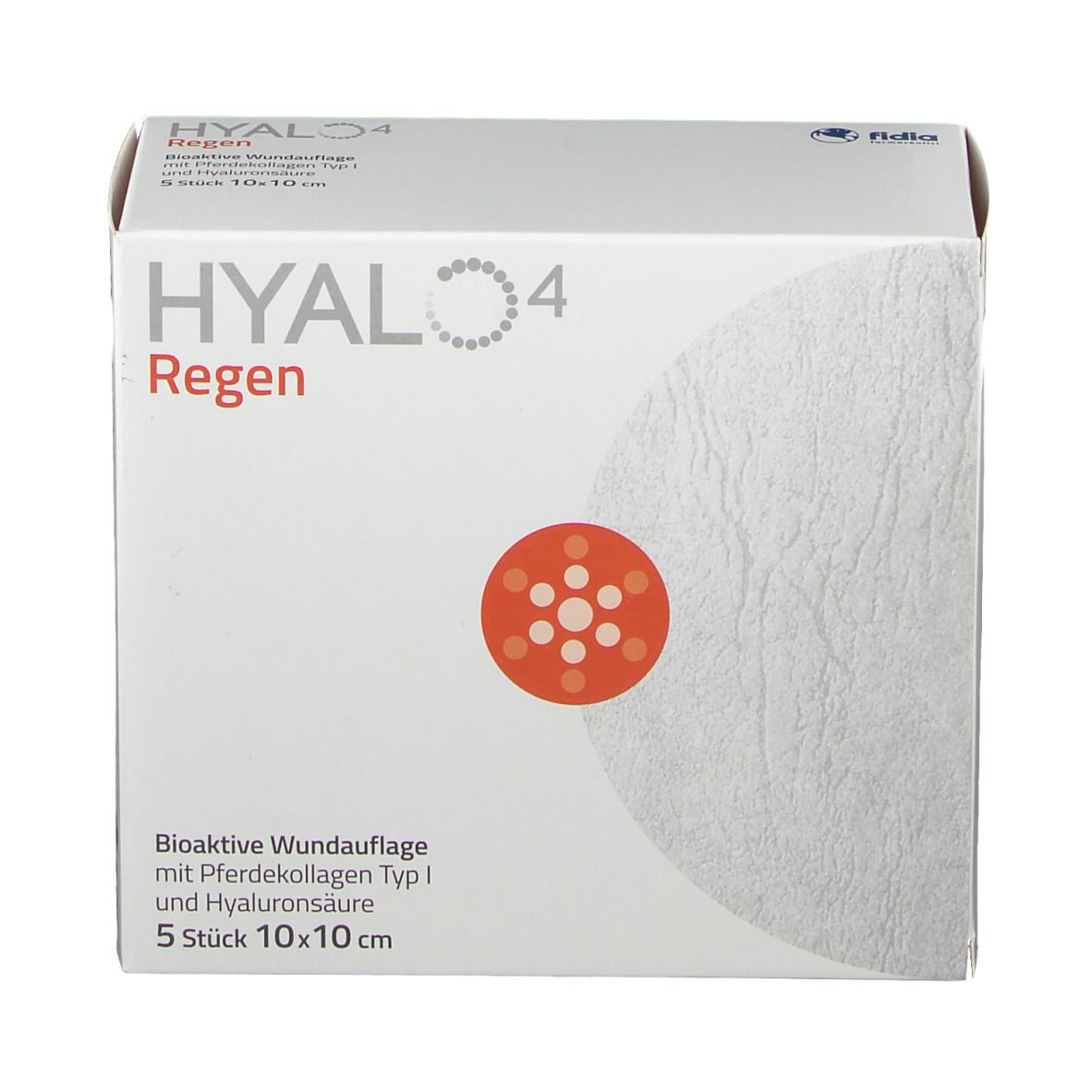 Boîte de pansements Hyalo4 Regen. 5 pièces de 10x10 cm. Inscription : Hyalo4 Regen, logo, description du produit.