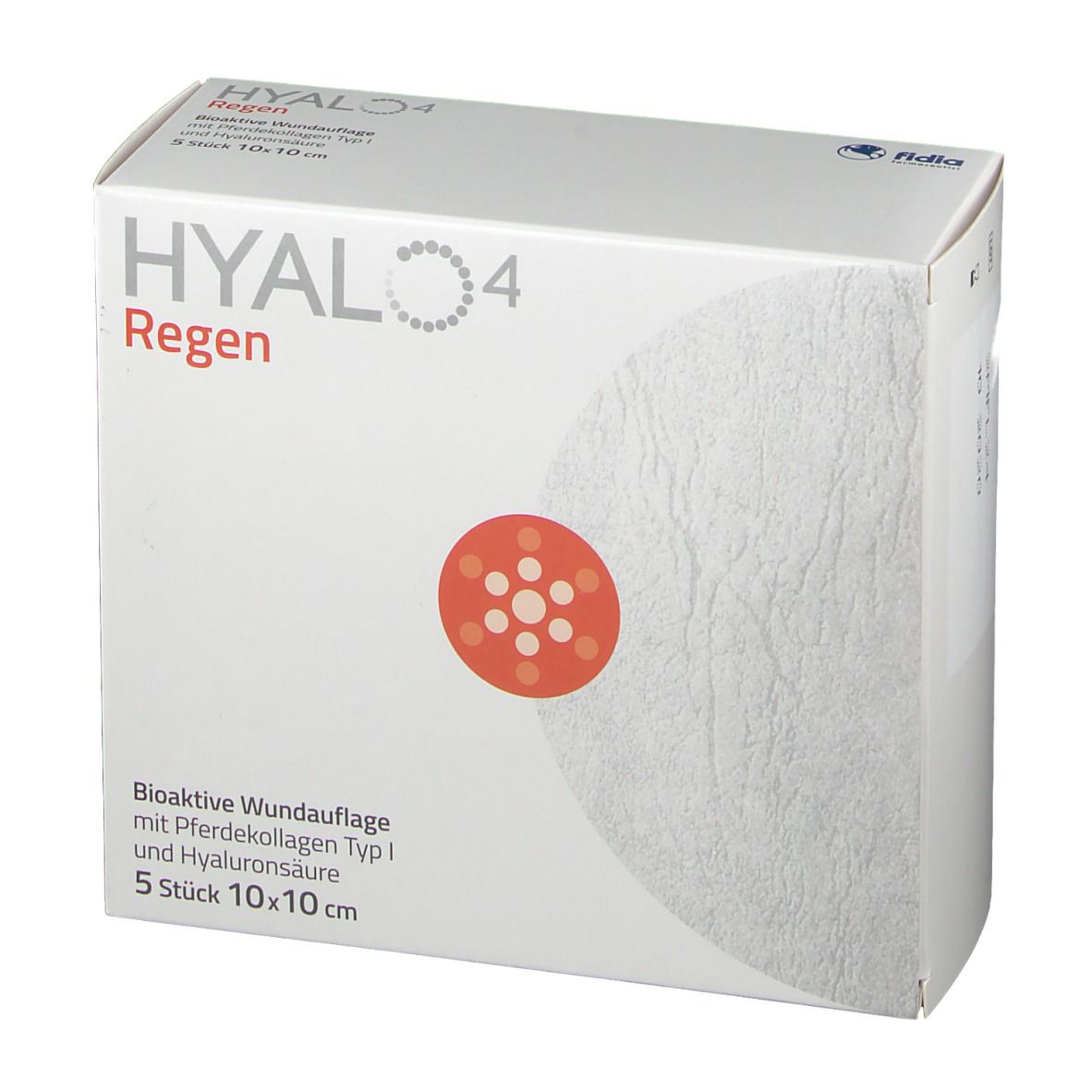 Boîte de pansements Hyalo4 Regen. 5 pièces de 10x10 cm. Inscription : Hyalo4 Regen, logo, description du produit.