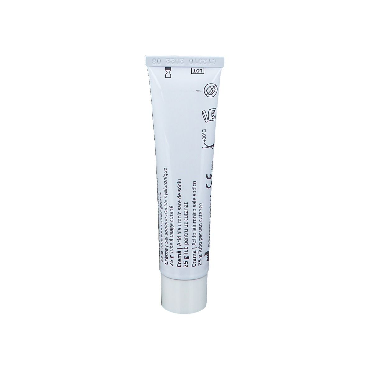 Tube blanc avec texte. Texte: Crème | Hyaluronate de sodium. Tube de 25 g à usage cutané. 25 g Tube per uso cutaneo. 25 g Tube pour usage cutané.
