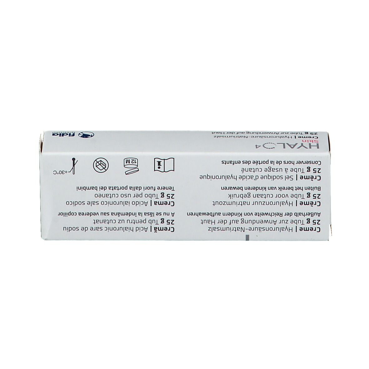Dessus de l'emballage. Inscription: HYALO4 Skin, crème, hyaluronate de sodium. Texte en plusieurs langues. Logo Fidia.