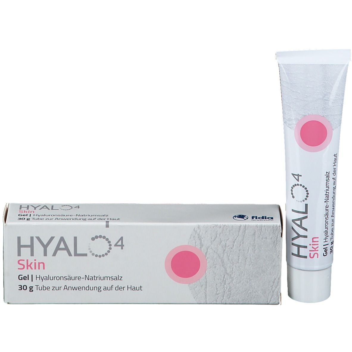 HYALO 4 Skin Gel Tube und Schachtel. Rosa Kreis auf weißem Hintergrund. Text: Gel, Hyaluronsäure-Natriumsalz.