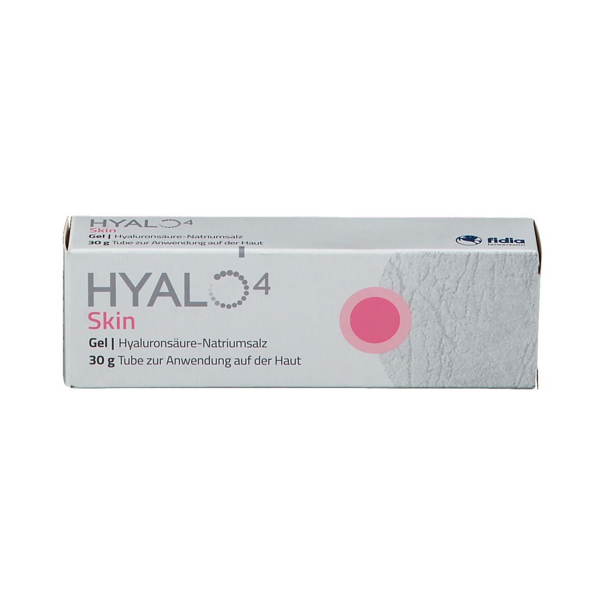 Schachtel mit HYALO 4 Skin Gel. Rosa Kreis auf weißem Hintergrund. Text: Gel, Hyaluronsäure-Natriumsalz.