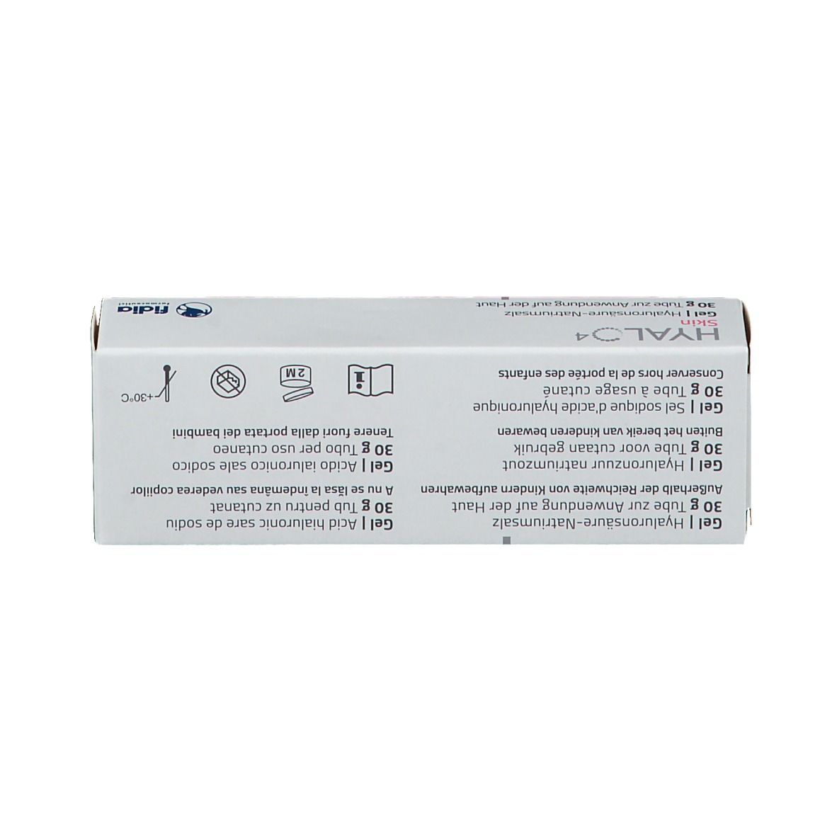 Schachtel mit Text. Enthält Informationen zum Produkt. Mit Logo und Warnhinweisen.