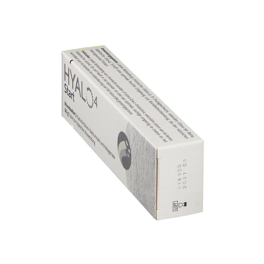 Weiße Faltschachtel HYALO4 Start. Logo und Produktname. Seitenansicht mit Text und Produktionsdaten.