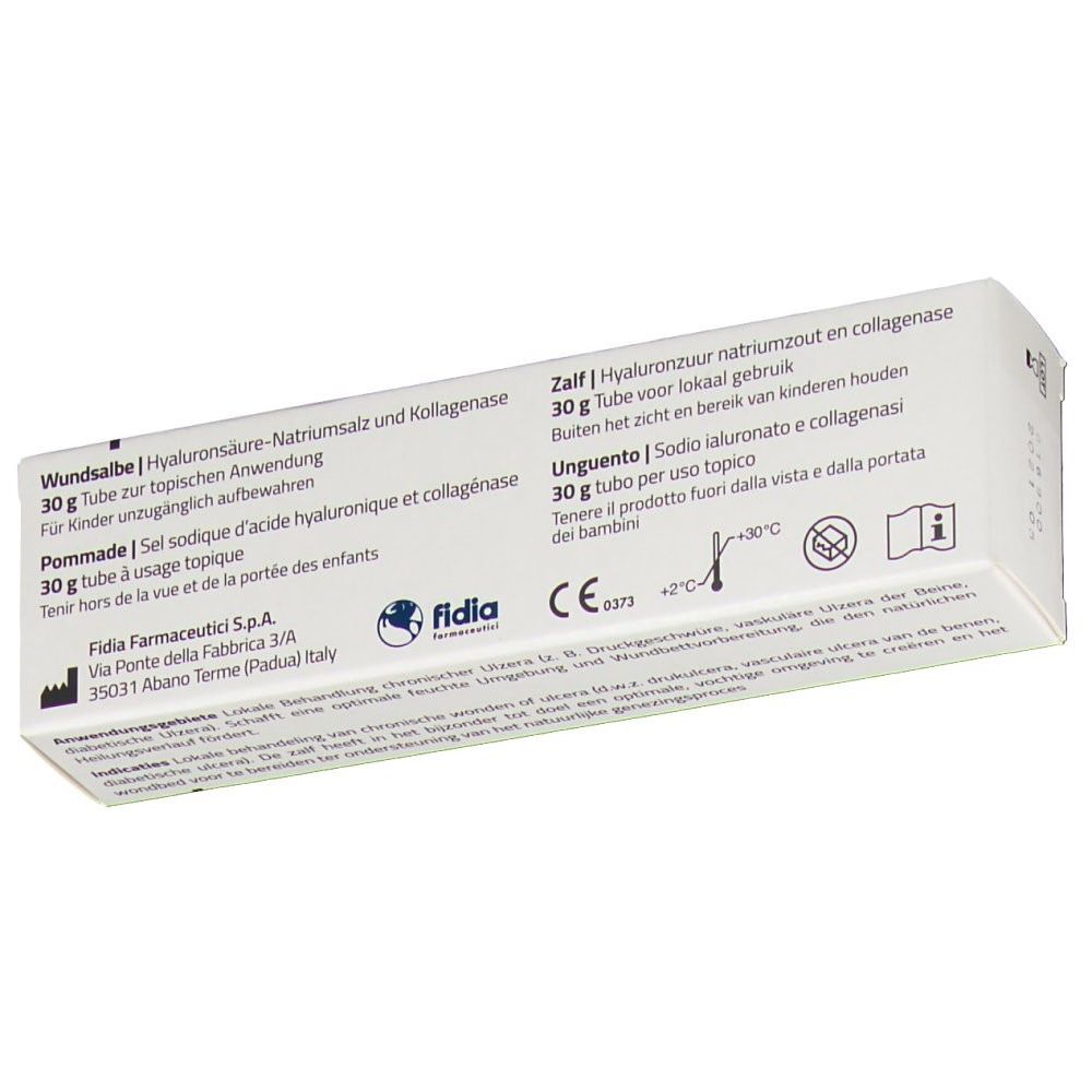 Rückseite der weißen Faltschachtel HYALO4 Start. Mehrsprachiger Text, Logo und CE-Kennzeichnung.