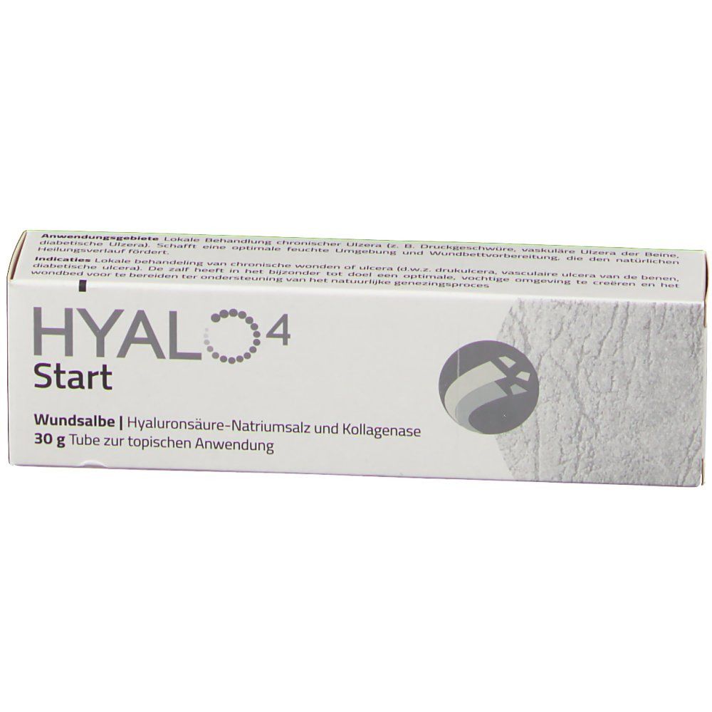 Weiße Faltschachtel HYALO4 Start. Produktname, Logo und Text. Draufsicht.