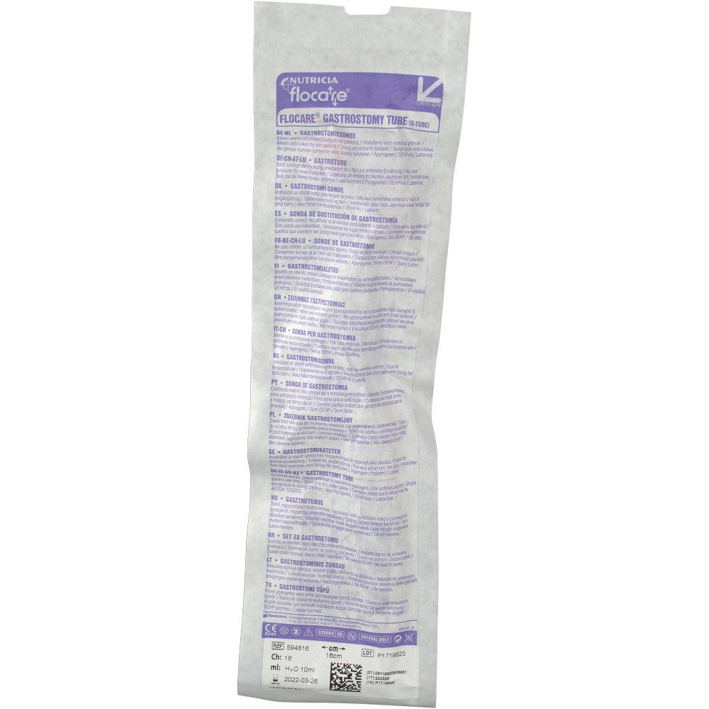 Rückseite der Verpackung der Flocare® G-Sonde Ch16. Text in mehreren Sprachen. Marke und Produktname deutlich sichtbar.