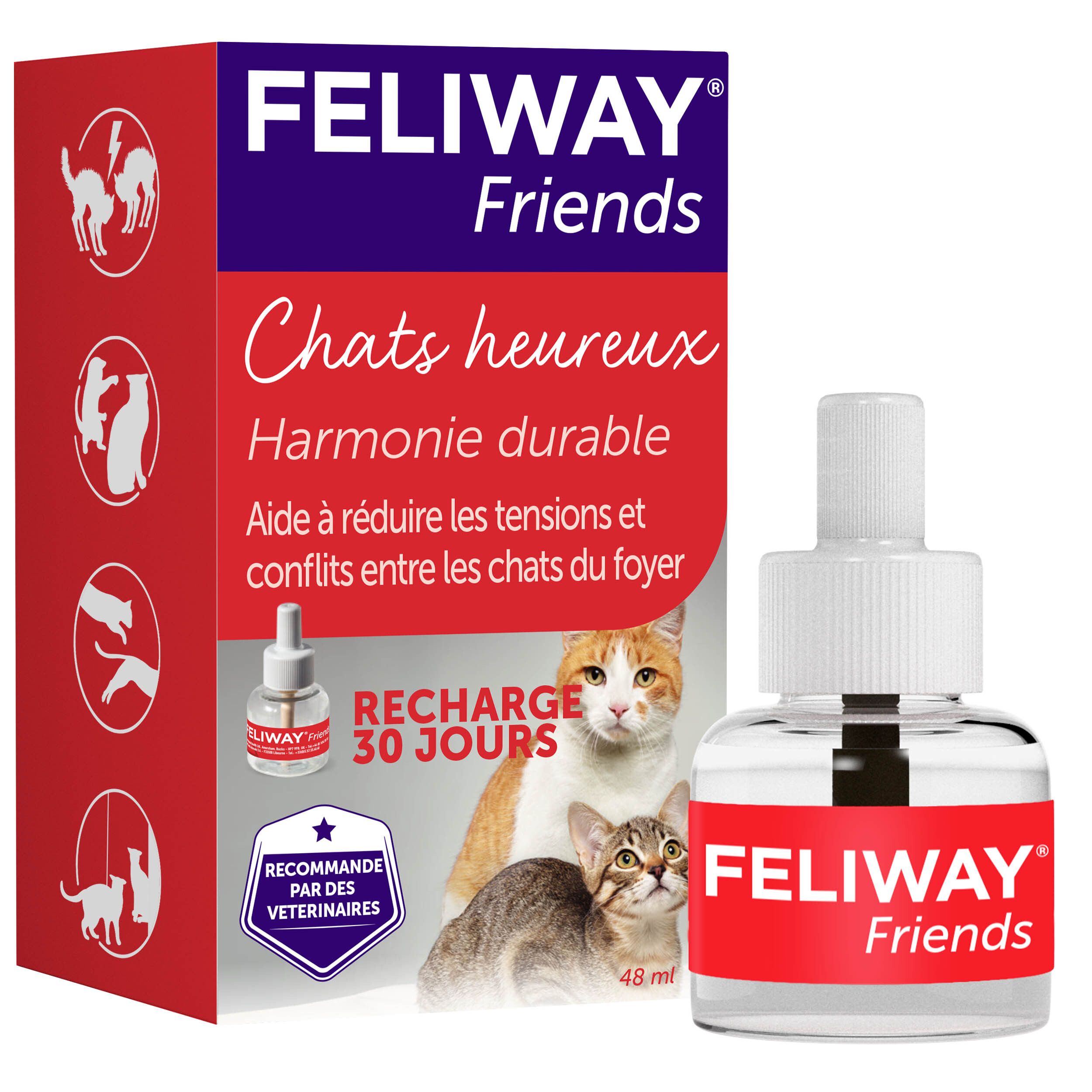 Boîte et flacon FELIWAY FRIENDS. Texte : Chats heureux, 30 jours, 48 ml.