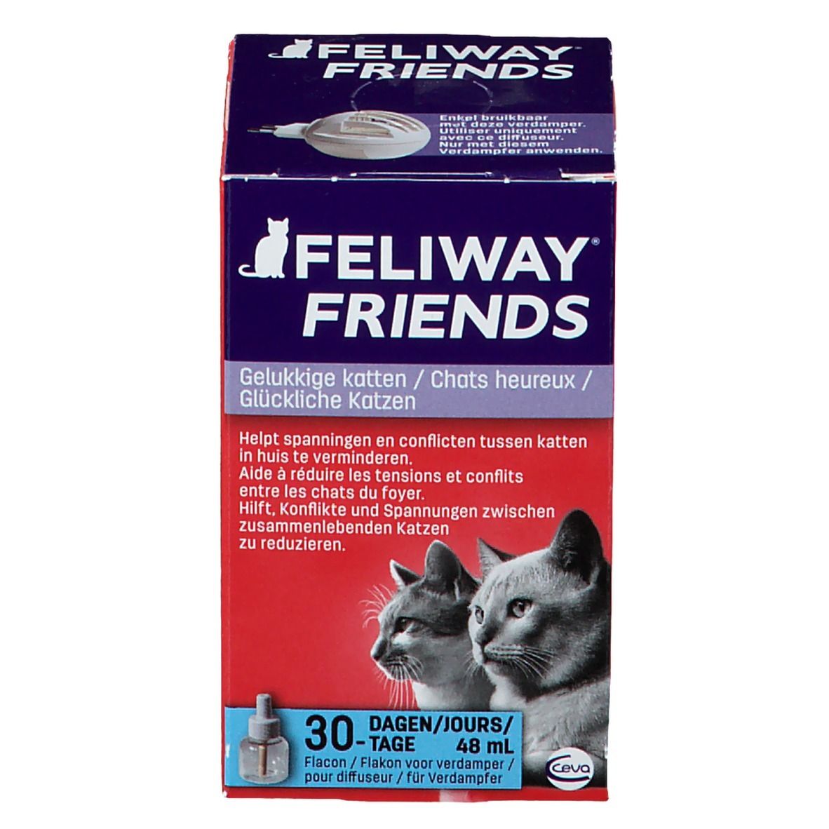Boîte FELIWAY FRIENDS. Contient flacon et diffuseur. Texte : Chats heureux, 48 ml.