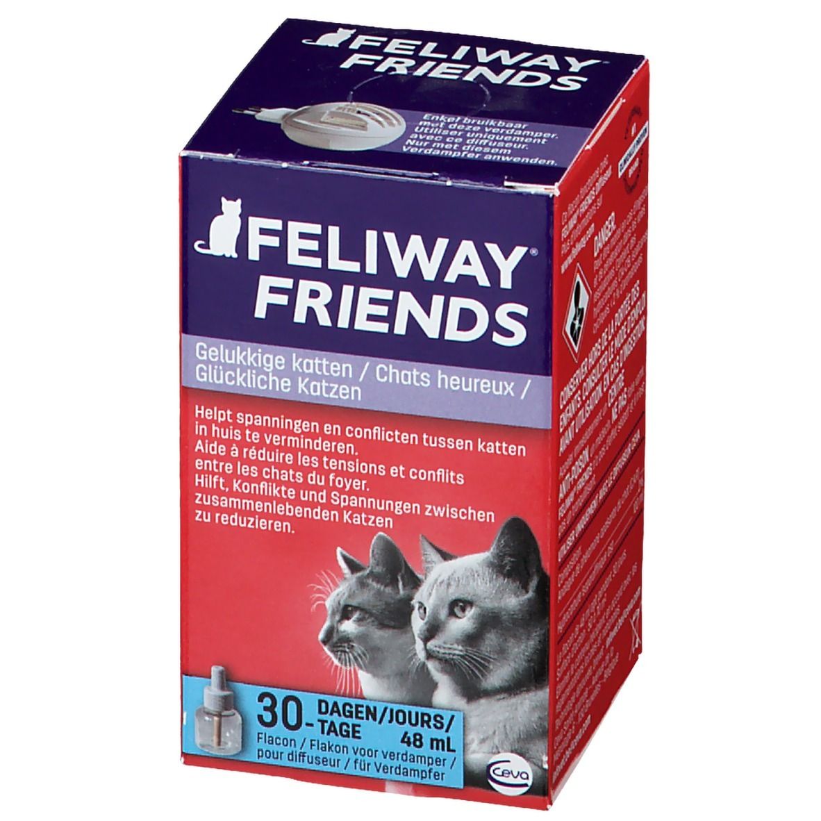 Boîte FELIWAY FRIENDS. Contient flacon et diffuseur. Texte : Chats heureux, 48 ml.