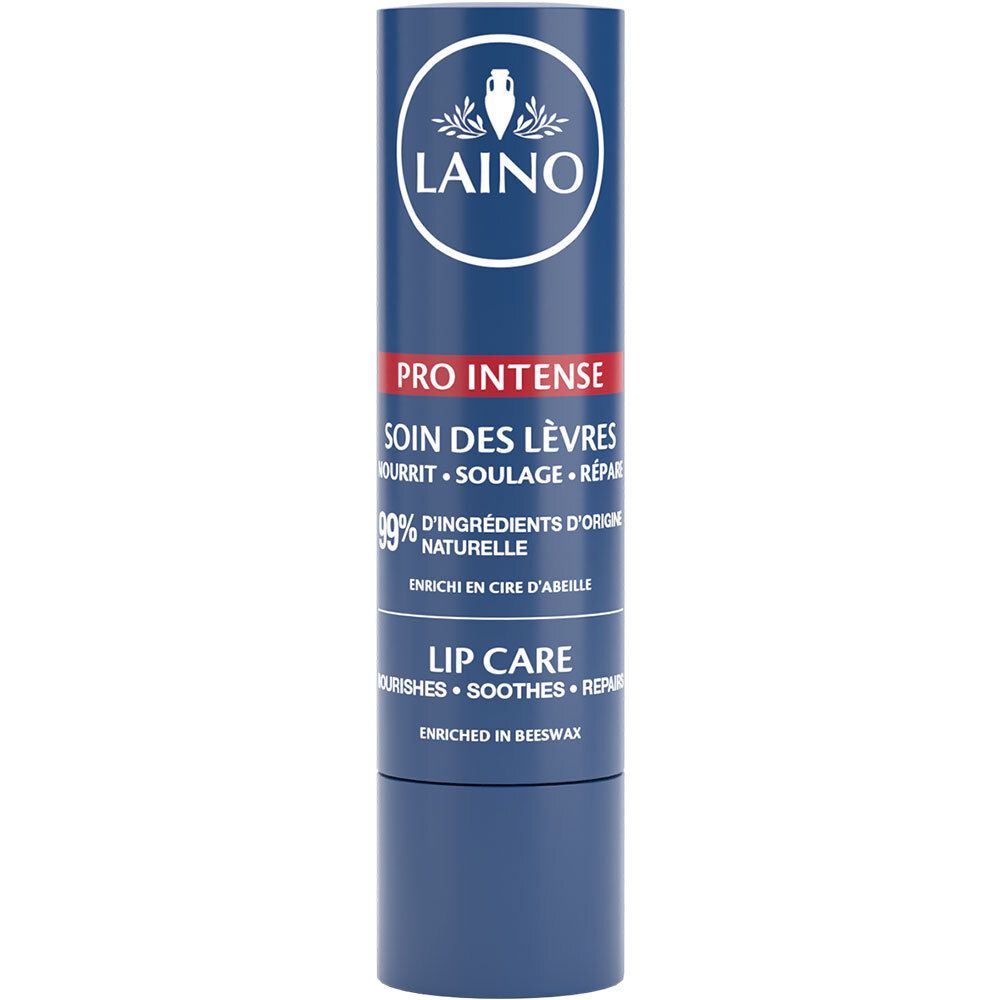 Blauwe lippenbalsem. Merk LAINO. Tekst: PRO INTENSE, SOIN DES LÈVRES, 99% d'ingrédients d'origine naturelle, LIP CARE.