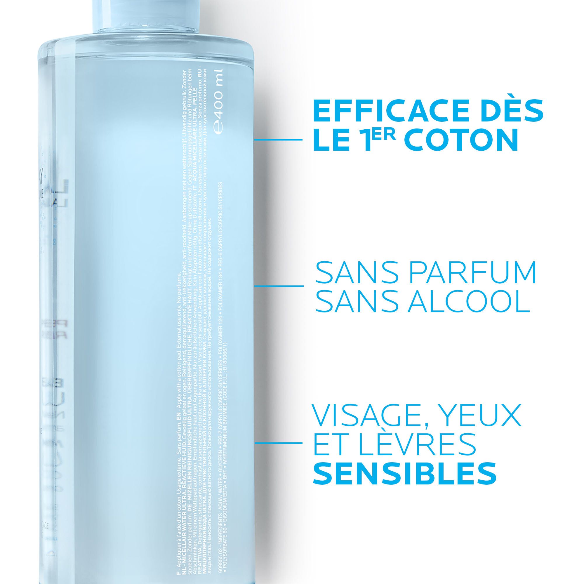Nahaufnahme der Flasche mit Text. Beschriftung in blauer Schrift auf der Flasche.