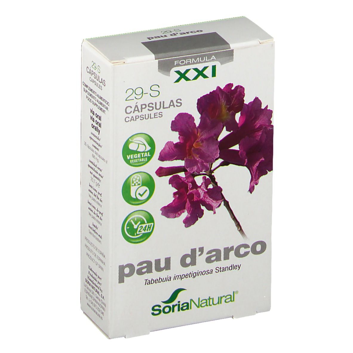 Boîte de gélules Pau D'Arco. Inscription: 29-S, Soria Natural. Illustration florale. Symboles végétal et 24h.