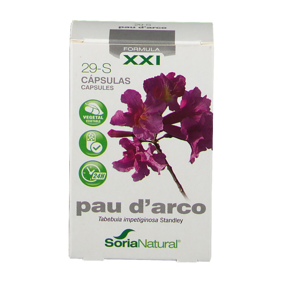 Boîte de gélules Pau D'Arco. Inscription: 29-S, Soria Natural. Illustration florale. Symboles végétal et 24h.
