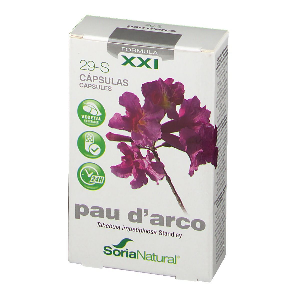 Boîte de gélules Pau D'Arco. Inscription: 29-S, Soria Natural. Illustration florale. Symboles végétal et 24h.