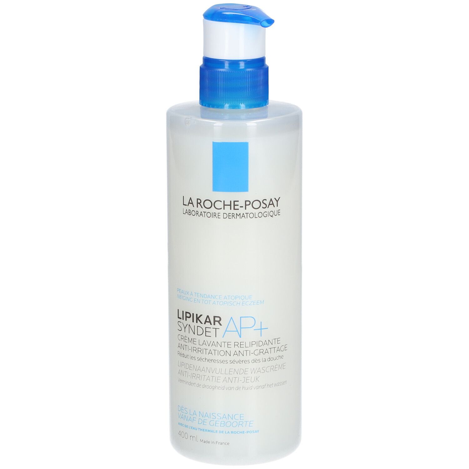 Witte dispenser met blauwe pomp. Opschrift: La Roche-Posay, Lipikar Syndet AP+.