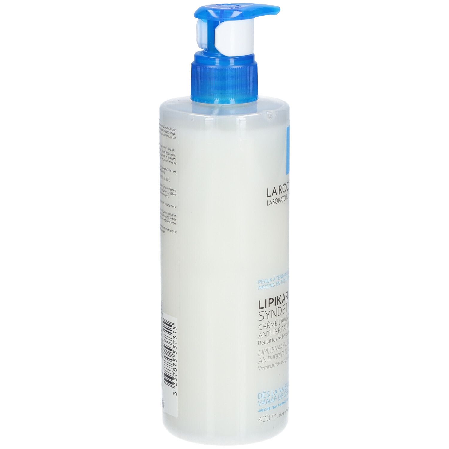 Achterkant van de witte dispenser met blauwe pomp. Tekst en barcode zichtbaar.