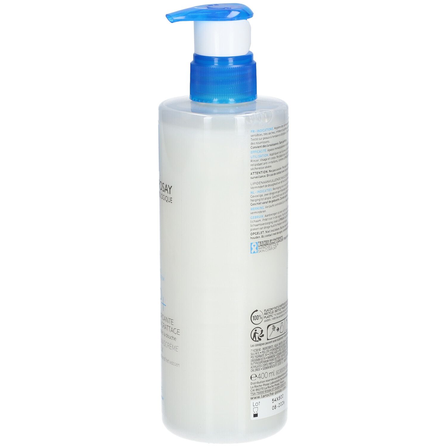 Achterkant van de witte dispenser met blauwe pomp. Tekst en symbolen zichtbaar.