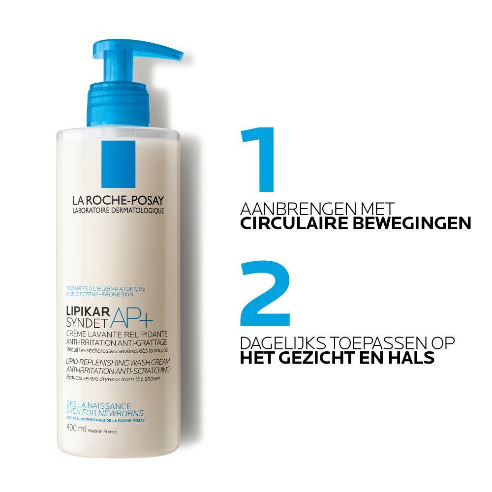 Witte dispenser met blauwe pomp. Opschrift: La Roche-Posay, Lipikar Syndet AP+. Expert Microbiome.