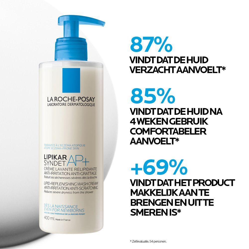 Achterkant van de dispenser. Tekst: Zonder parfum, droge huid met neiging tot atopisch eczeem, vanaf de geboorte.