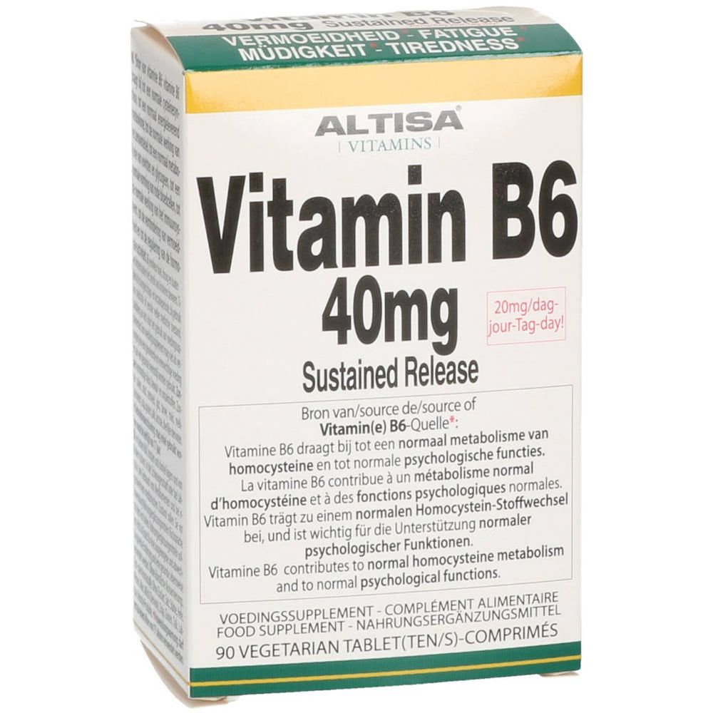Witte doos 'Altisa Vitamin B6 40mg'. Bevat 90 tabletten. Groen-gele accenten.