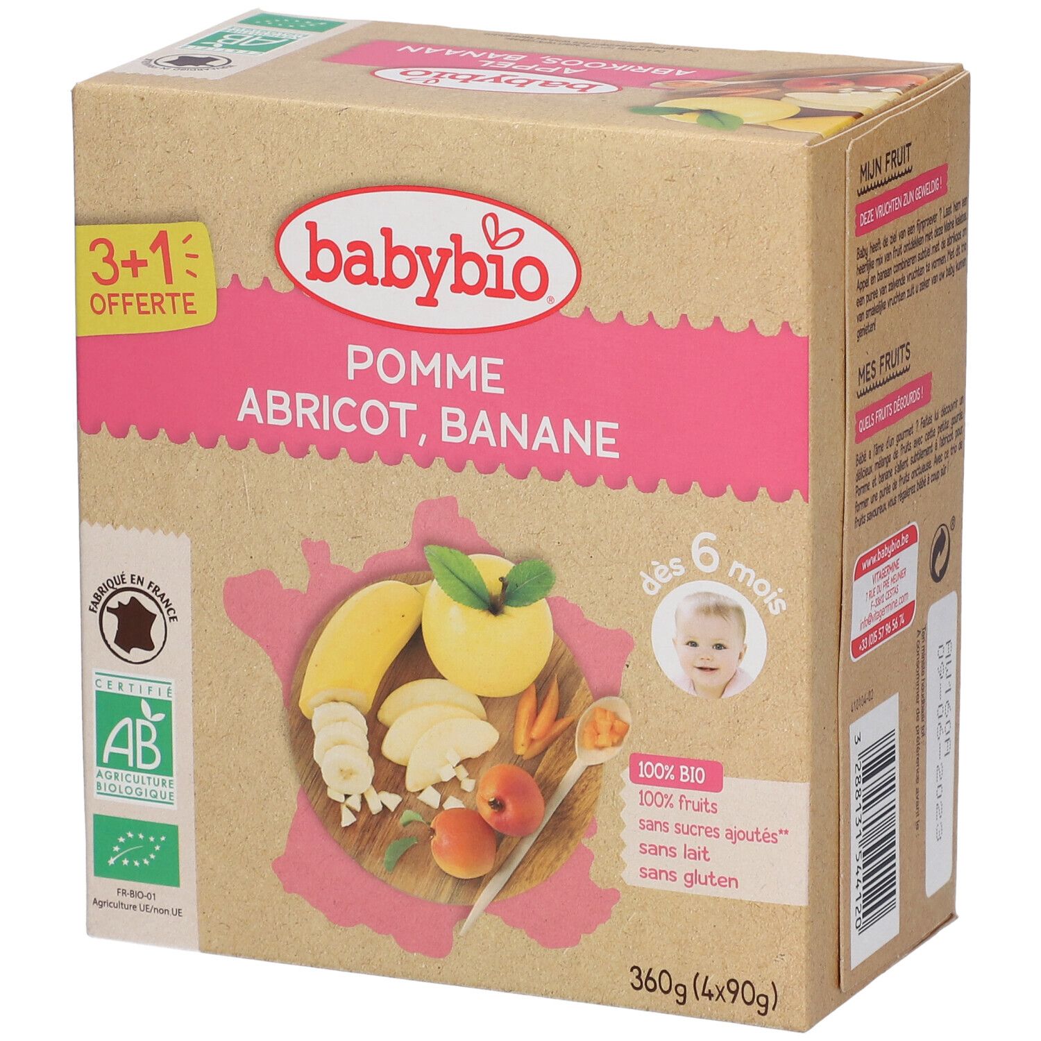 Boîte Babybio avec pomme, abricot, banane. Certification bio. 3+1 offert. Dès 6 mois. 360g (4x90g).
