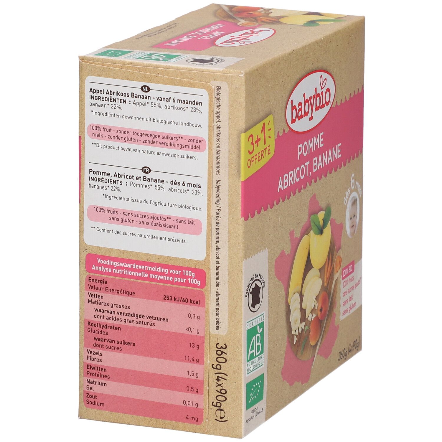 Vue latérale de la boîte Babybio. Ingrédients et valeurs nutritionnelles. Certification bio. 3+1 offert.