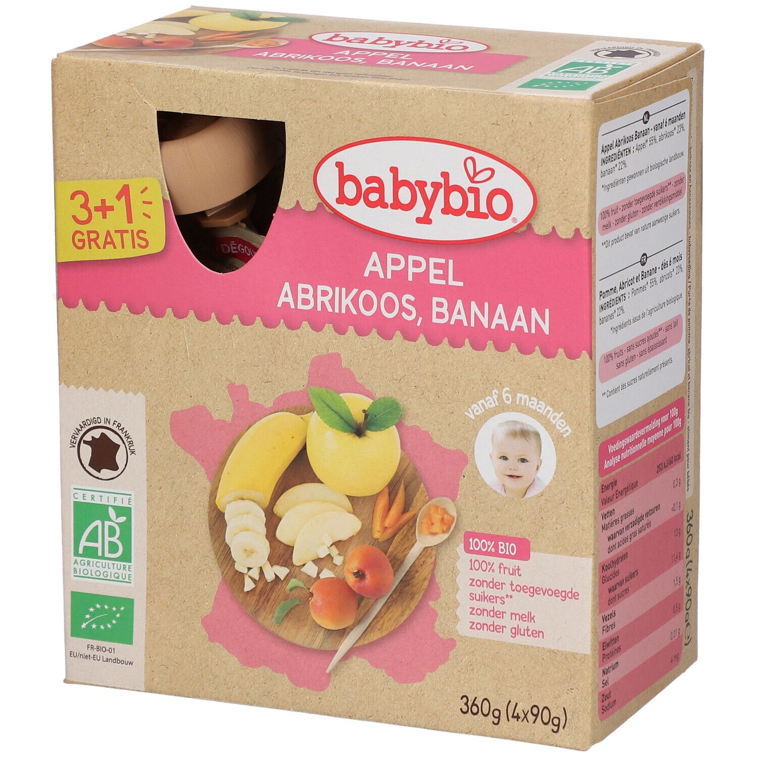 Boîte Babybio avec pomme, abricot, banane. Certification bio. 3+1 gratuit. Dès 6 mois. 360g.