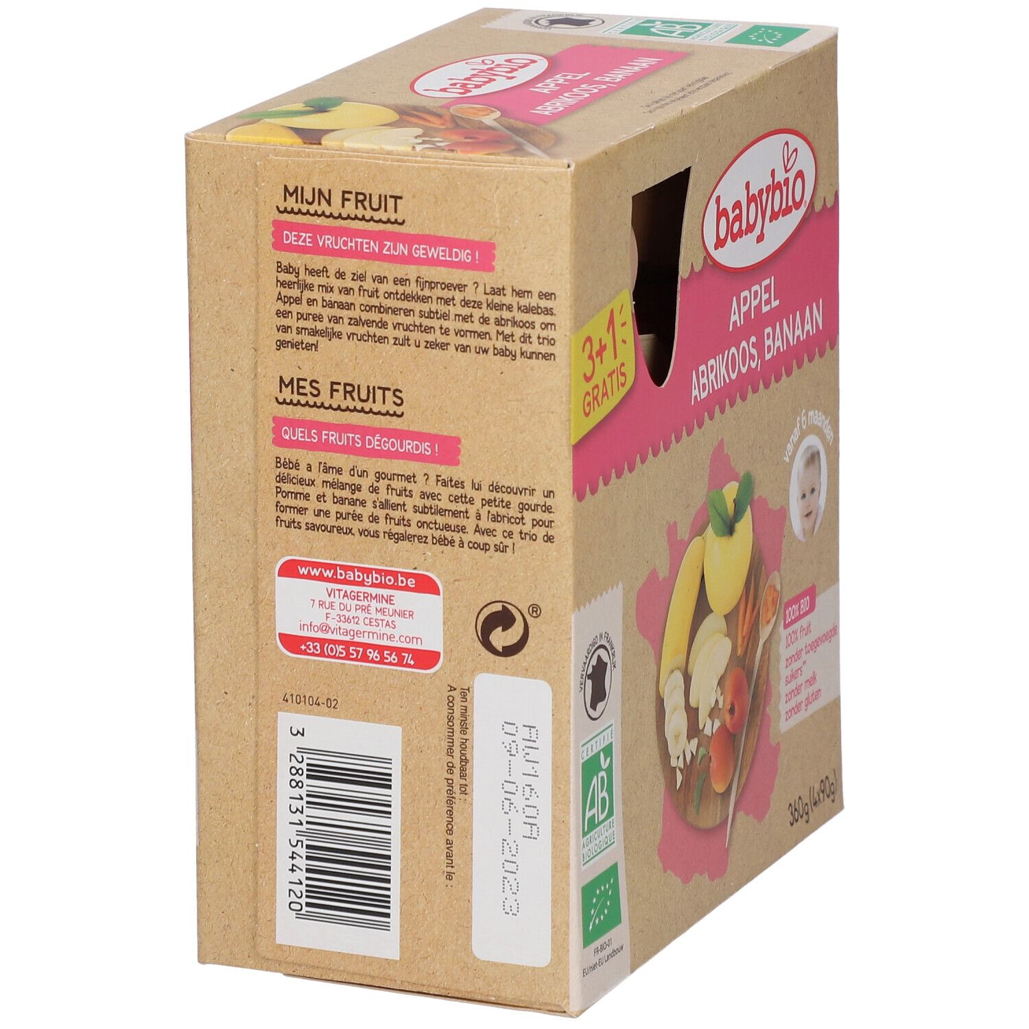 Dos de la boîte Babybio. Informations sur les fruits et ingrédients. Certification bio. 3+1 gratuit.