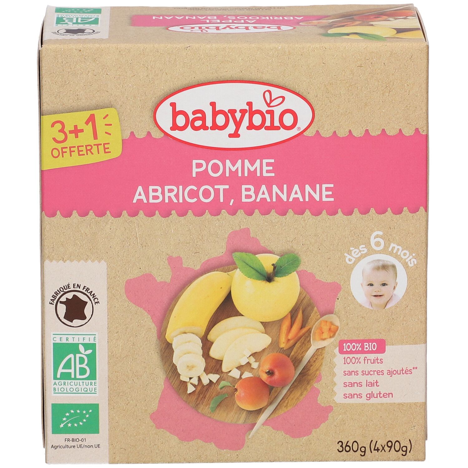 Boîte Babybio avec pomme, abricot, banane. Certification bio. 3+1 offert. Dès 6 mois. 360g.