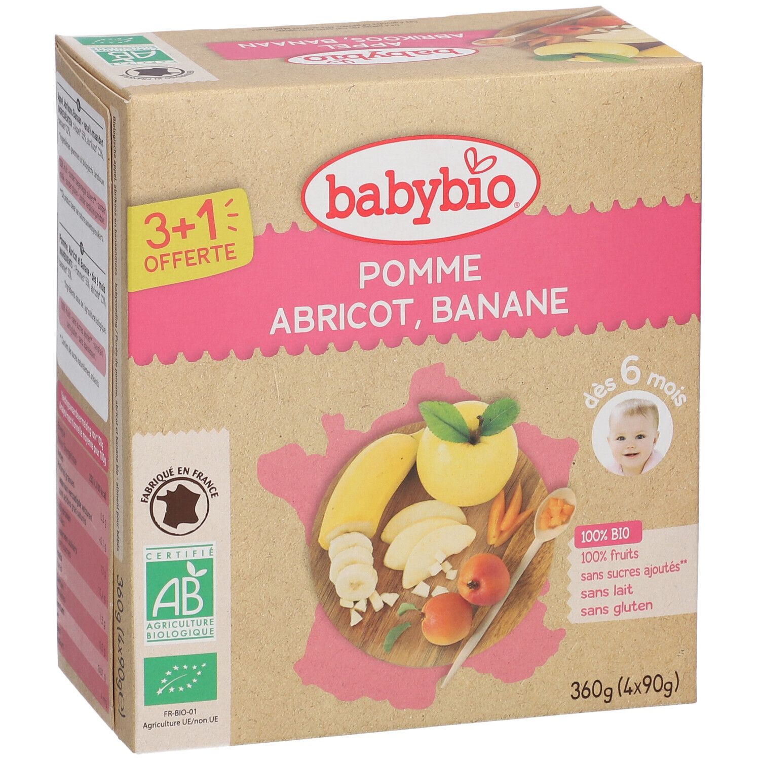 Boîte Babybio avec pomme, abricot, banane. Certification bio. 3+1 offert. Dès 6 mois. 360g.