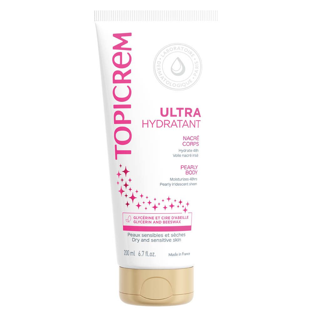 Weiße Tube mit rosa Schriftzug TOPICREM. Produktbezeichnung: Ultra Hydratant Nacré Corps, Pearly Body. Goldfarbener Verschluss. Text: Peaux sensibles et sèches.