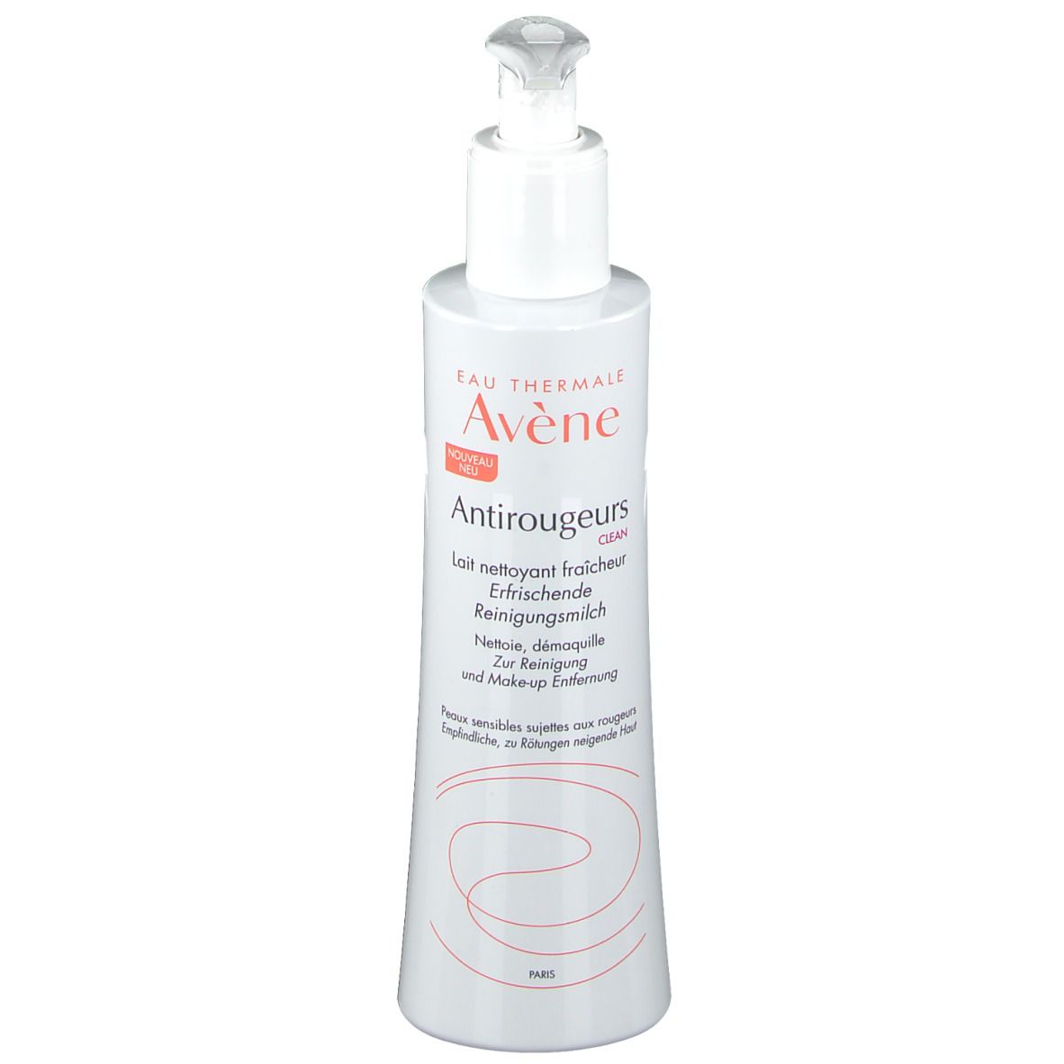 Flacone bianco con dosatore a pompa. Scritta: Eau Thermale Avène, Antirougeurs CLEAN. Contiene latte detergente.