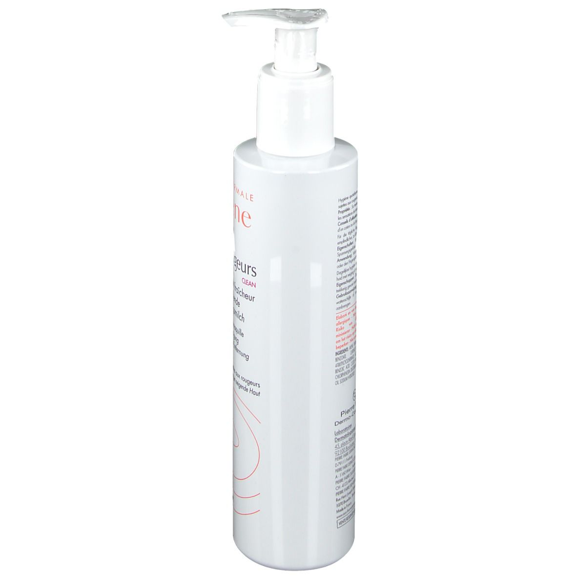 Flacone bianco con dosatore a pompa. Scritta: Eau Thermale Avène, Antirougeurs. Testo multilingue.