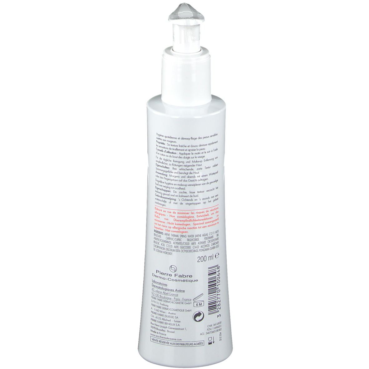 Flacone bianco con dosatore a pompa. Retro con testo e informazioni. Volume: 200 ml.