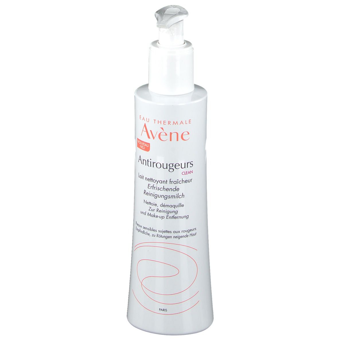 Flacone bianco con dosatore a pompa. Scritta: Eau Thermale Avène, Antirougeurs CLEAN. Contiene latte detergente.