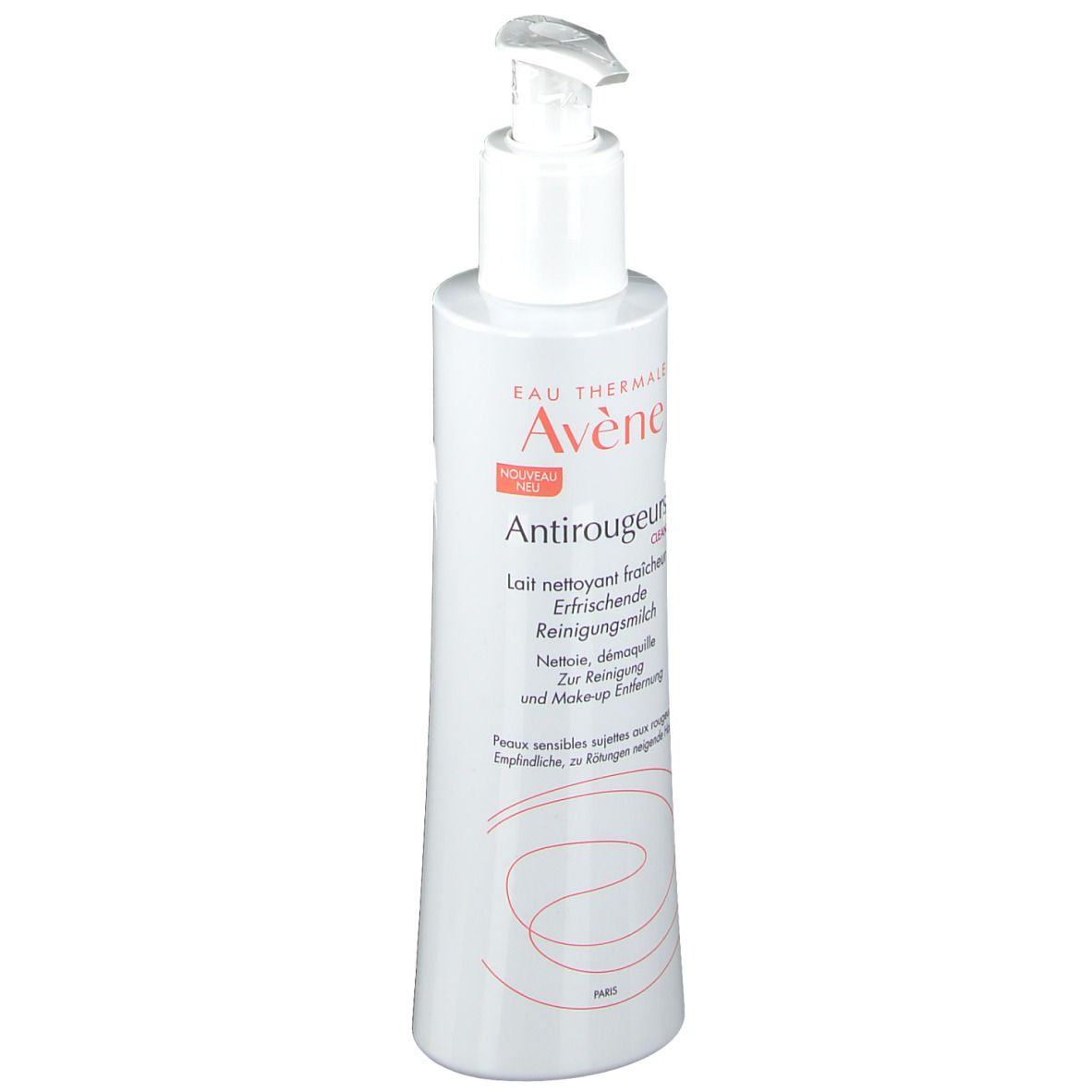 Flacone bianco con dosatore a pompa. Scritta: Eau Thermale Avène, Antirougeurs CLEAN. Contiene latte detergente.