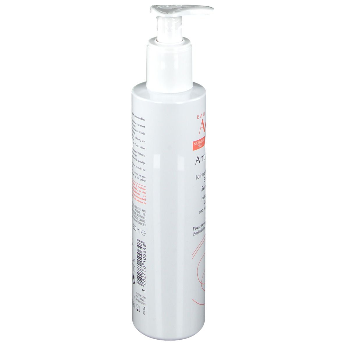 Flacone bianco con dosatore a pompa. Scritta: Eau Thermale Avène, Antirougeurs. Volume: 200 ml.